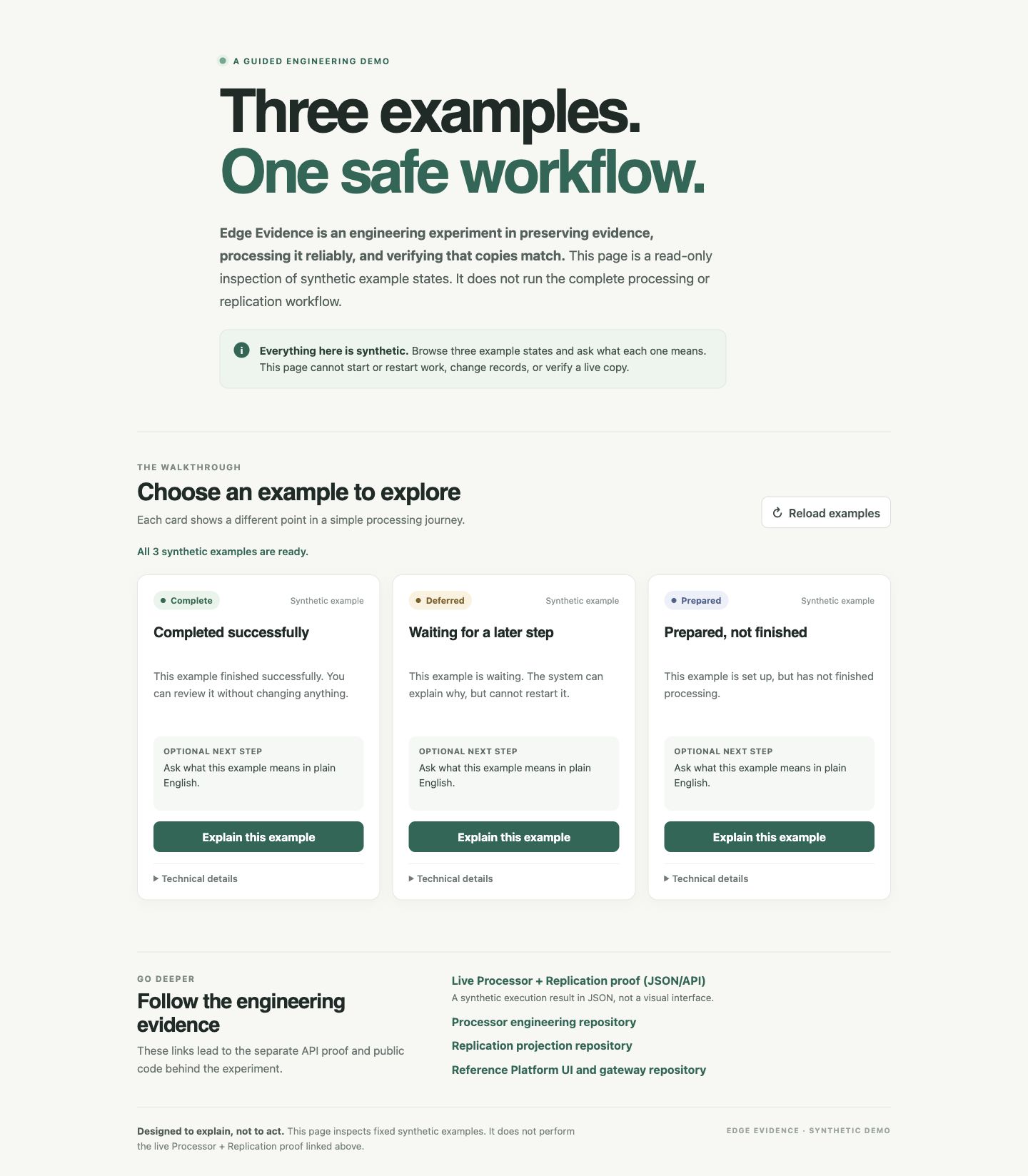 Real public Edge Evidence interface showing its three synthetic examples
